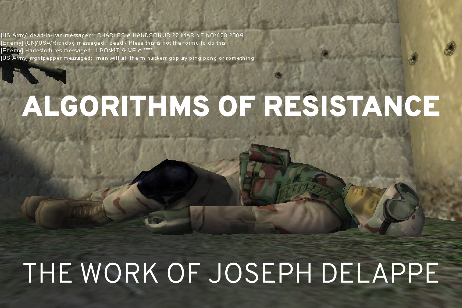 Still from dead-in-iraq, a screenshot from a video game showing a soldier laying in the ground.