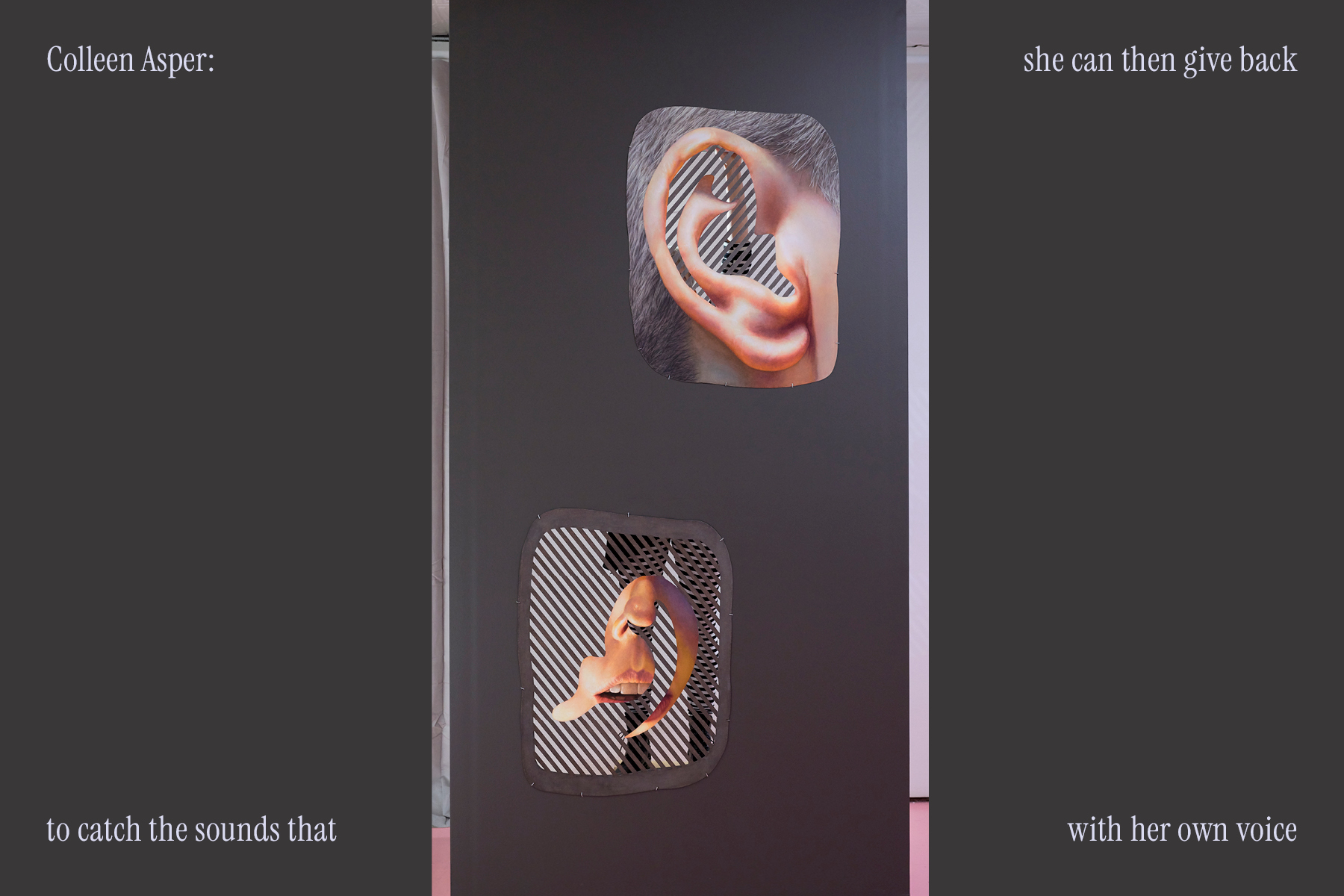 A grey panel with two vaguely rectangled diagonally slatted openings. Both have realistic painting cutouts overlaid, the top right of an ear and the bottom left of a mouth. A person is slightly visible through the slats.