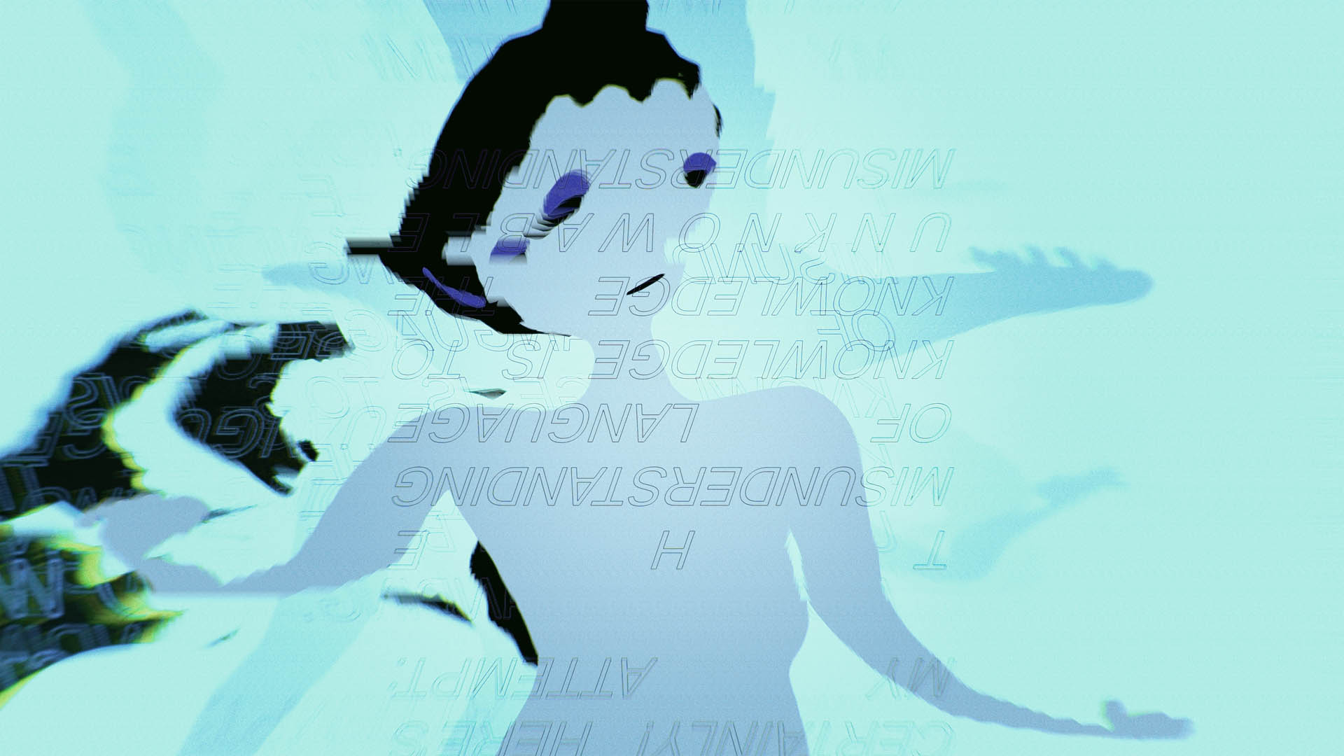 Still from the SUPERPROMPT video showing a stylized self-portrait and meeting interface in warm, pale tones.